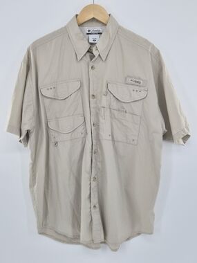 Columbia PFG Fishing Shirt Mens Med Beige Vented Outdoor Hiking Camping Gorpcore